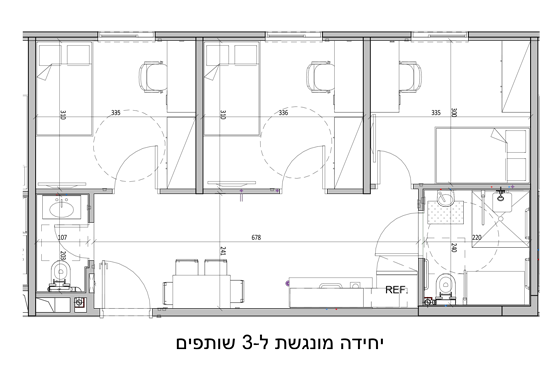 דירת שלושה שותפים. הסרטוט להמחשה בלבד כל דירה שונה בגודלה מהדירות האחרות