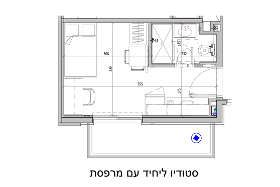 סטודיו ליחיד עם מרפסת. הסרטוט להמחשה בלבד כל דירה ומרפסת שונה בגודלה מהדירות האחרות