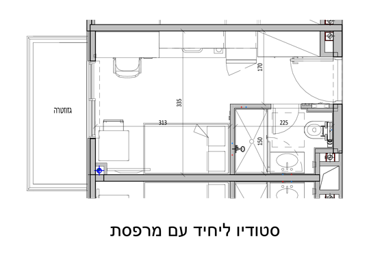 סטודיו ליחיד עם מרפסת. הסרטוט להמחשה בלבד כל דירה ומרפסת שונה בגודלה מהדירות האחרות