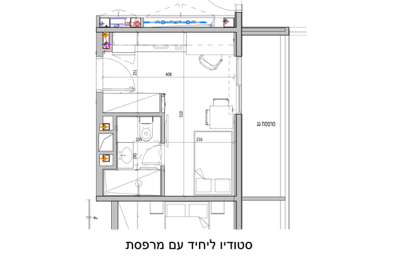 סטודיו ליחיד בגג הסרטוט להמחשה בלבד כל דירה והמרפסת שונה בגודלה מהדירות האחרות