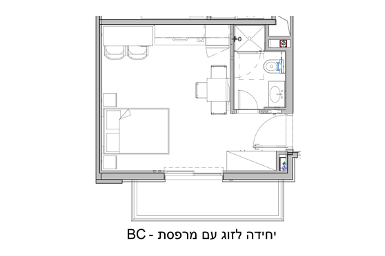 דירה לזוג עם מרפסת. הסרטוט להמחשה בלבד כל דירה ומרפסת שונה בגודלה מהדירות האחרות