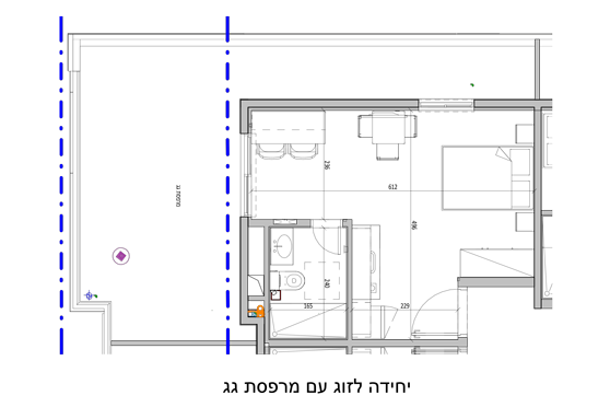 דירה לזוג עם מרפסת. הסרטוט להמחשה בלבד כל דירה ומרפסת שונה בגודלה מהדירות האחרות