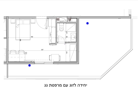 דירה לזוג בגג. הסרטוט להמחשה בלבד כל דירה שונה בגודלה מהדירות האחרות גודל המרפסות שונה מדירה לדירה ויש דירות ללא מרפסת